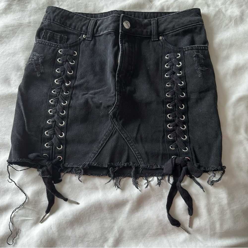 Black Lace-Up Denim Skirt